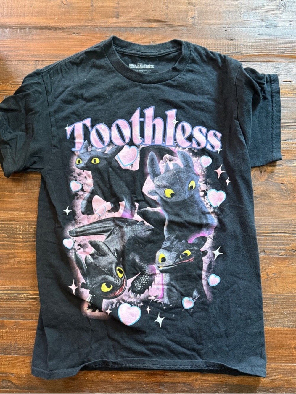 Black Toothless Graphic Tee with Pink Accents Sz S